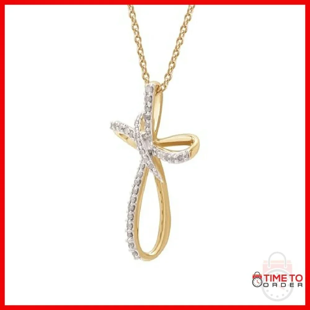 14K Gold Plated Sterling Silver Diamond Cross Pendant Necklace 18